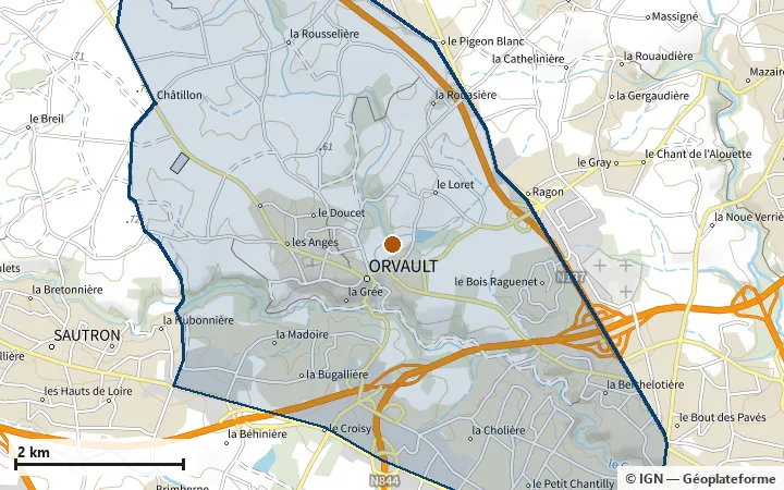 Plan d'Orvault, avec les limites de la zone et son centre