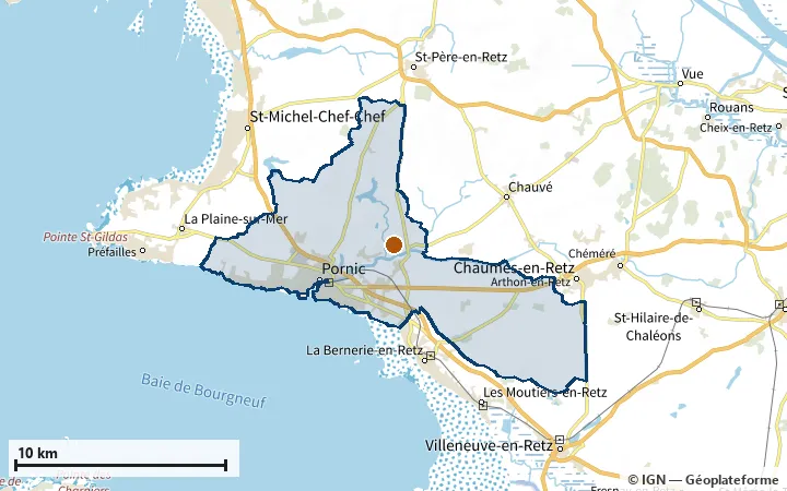 Plan de Pornic, avec les limites de la zone et son centre