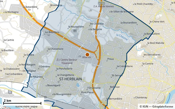Plan de Saint-Herblain, avec les limites de la zone et son centre