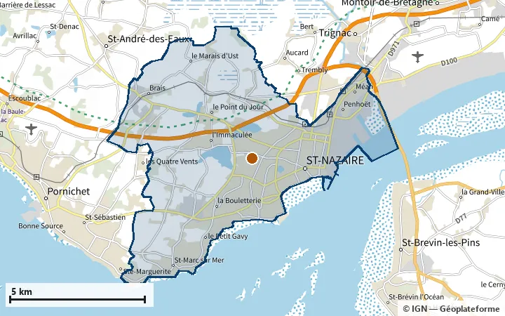 Plan de Saint-Nazaire, avec les limites de la zone et son centre