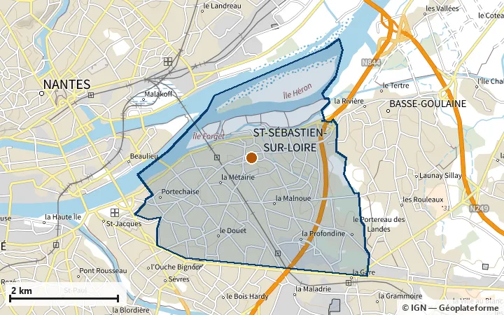 Plan de Saint-Sébastien-sur-Loire, avec les limites de la zone et son centre
