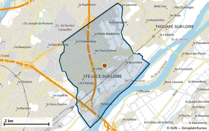 Plan de Sainte-Luce-sur-Loire, avec les limites de la zone et son centre