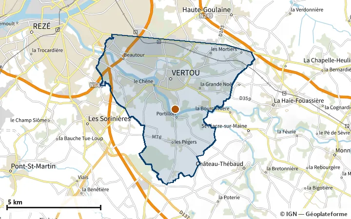 Plan de Vertou, avec les limites de la zone et son centre