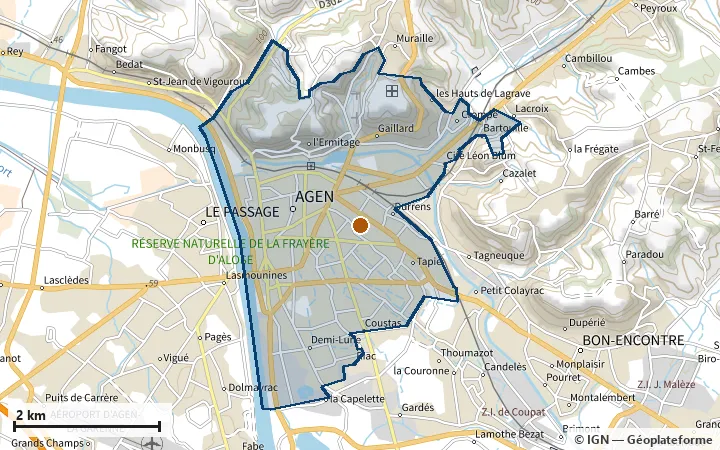 Plan d'Agen, avec les limites de la zone et son centre