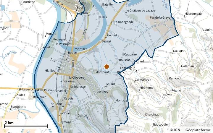 Plan d'Aiguillon, avec les limites de la zone et son centre