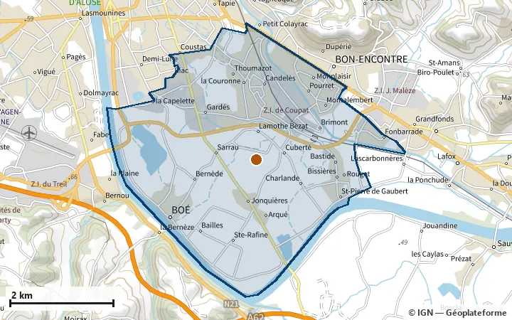 Plan de Boé, avec les limites de la zone et son centre