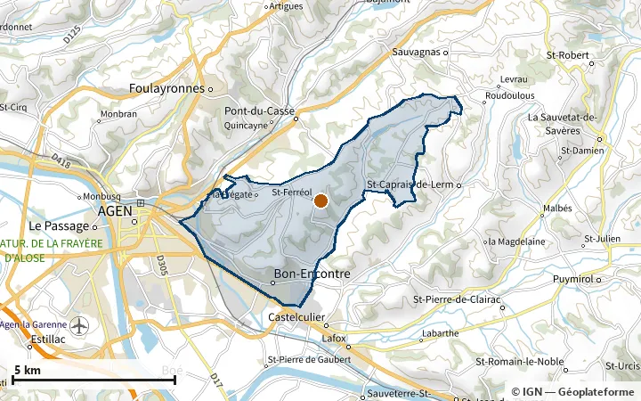 Plan de Bon-Encontre, avec les limites de la zone et son centre
