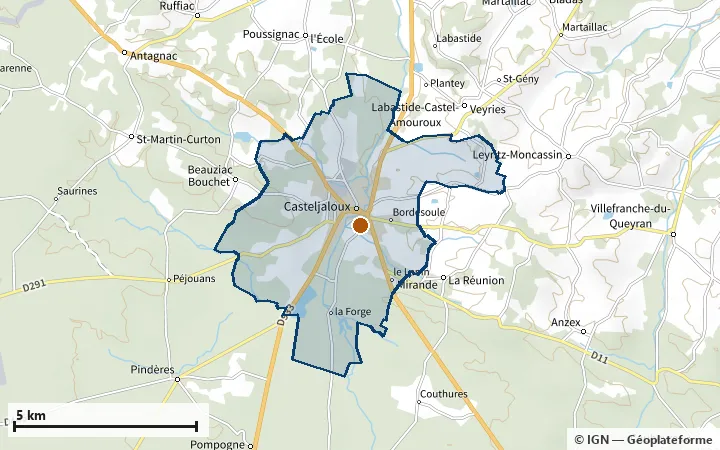 Plan de Casteljaloux, avec les limites de la zone et son centre