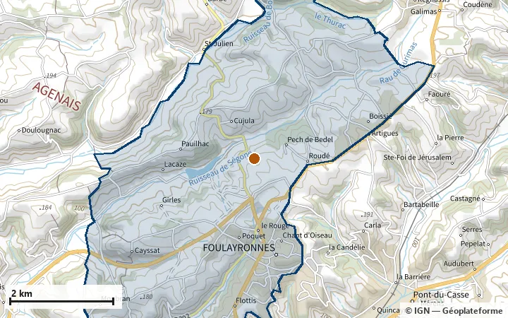 Plan de Foulayronnes, avec les limites de la zone et son centre