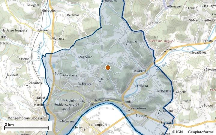 Plan de Fumel, avec les limites de la zone et son centre