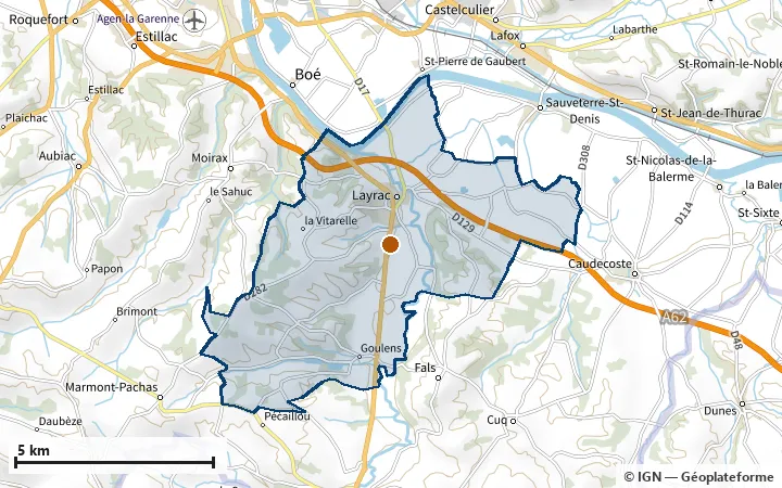 Plan de Layrac, avec les limites de la zone et son centre