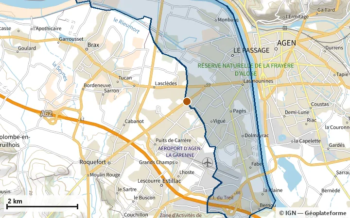 Plan du Passage, avec les limites de la zone et son centre