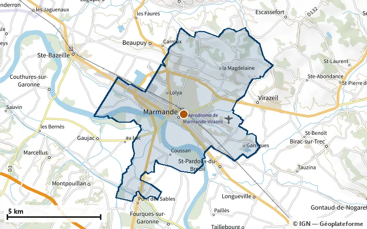 Plan de Marmande, avec les limites de la zone et son centre