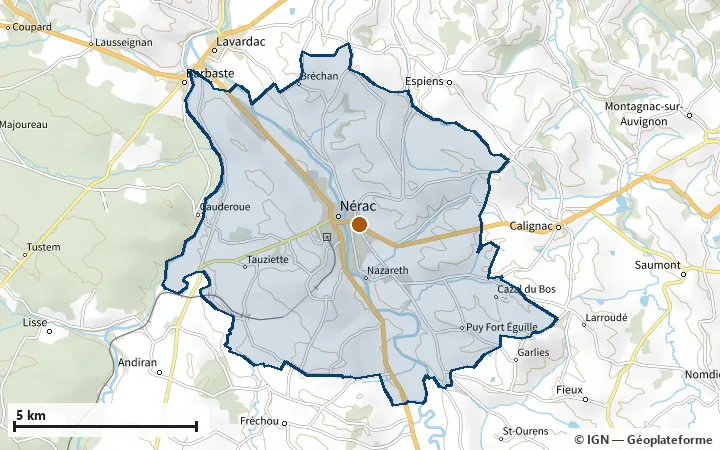 Plan de Nérac, avec les limites de la zone et son centre