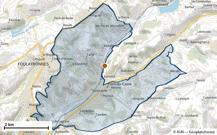 Plan de Pont-du-Casse, avec les limites de la zone et son centre