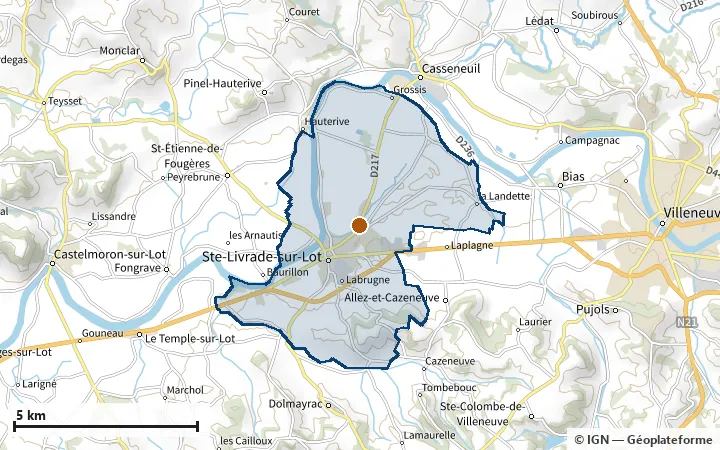 Plan de Sainte-Livrade-sur-Lot, avec les limites de la zone et son centre