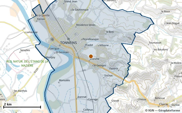 Plan de Tonneins, avec les limites de la zone et son centre