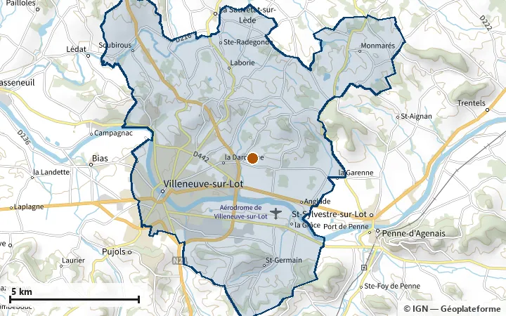 Plan de Villeneuve-sur-Lot, avec les limites de la zone et son centre