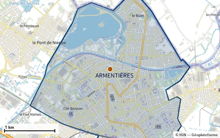 Plan d'Armentières, avec les limites de la zone et son centre