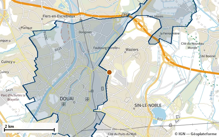 Plan de Douai, avec les limites de la zone et son centre