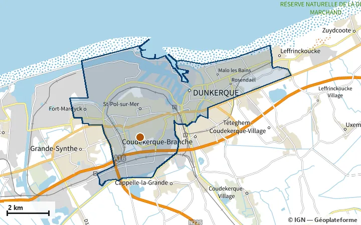 Plan de Dunkerque, avec les limites de la zone et son centre