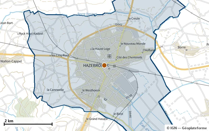 Plan d'Hazebrouck, avec les limites de la zone et son centre