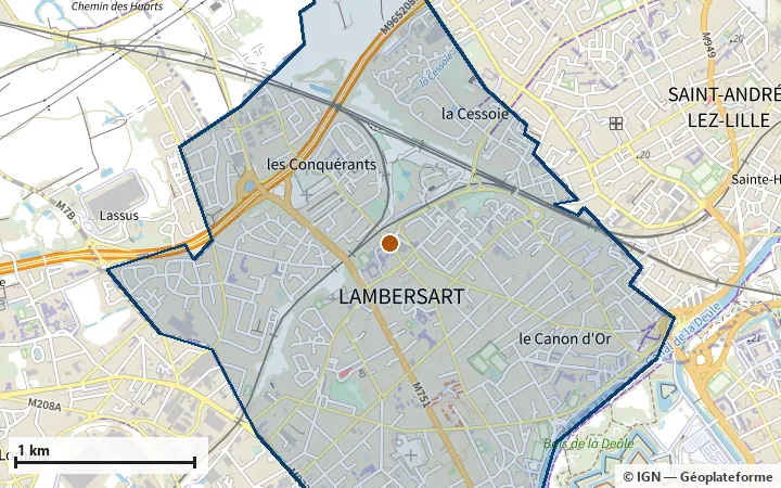 Plan de Lambersart, avec les limites de la zone et son centre