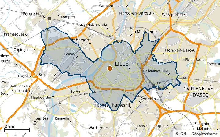 Plan de Lille, avec les limites de la zone et son centre