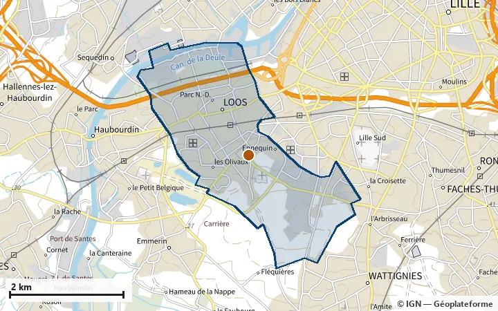 Plan de Loos, avec les limites de la zone et son centre