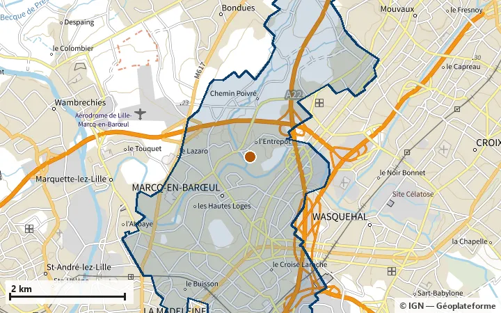 Plan de Marcq-en-Barœul, avec les limites de la zone et son centre