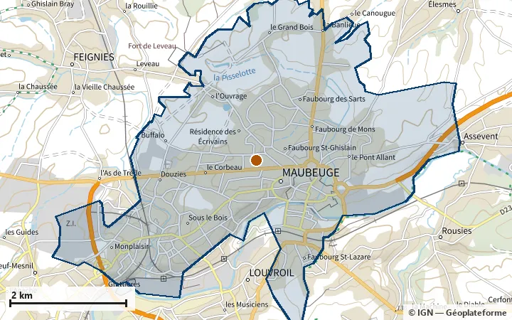 Plan de Maubeuge, avec les limites de la zone et son centre