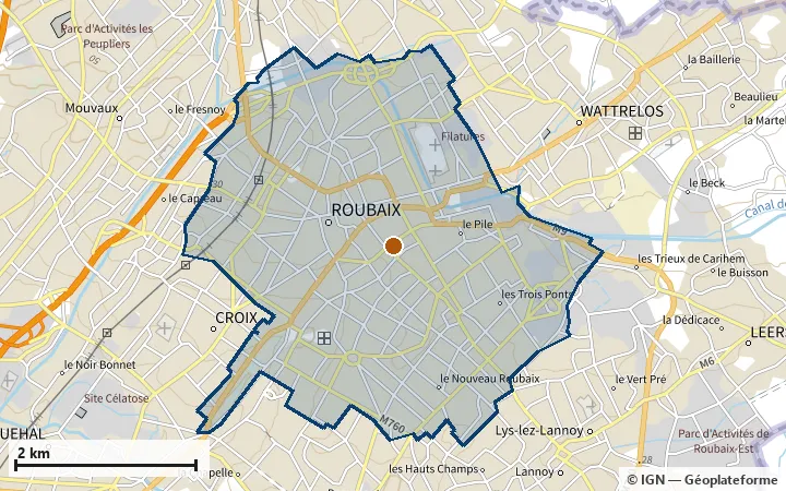 Plan de Roubaix, avec les limites de la zone et son centre