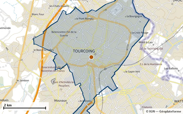 Plan de Tourcoing, avec les limites de la zone et son centre