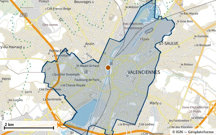 Plan de Valenciennes, avec les limites de la zone et son centre