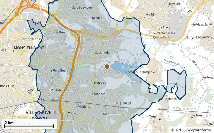 Plan de Villeneuve-d'Ascq, avec les limites de la zone et son centre