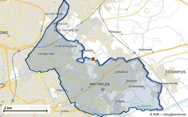 Plan de Wattrelos, avec les limites de la zone et son centre