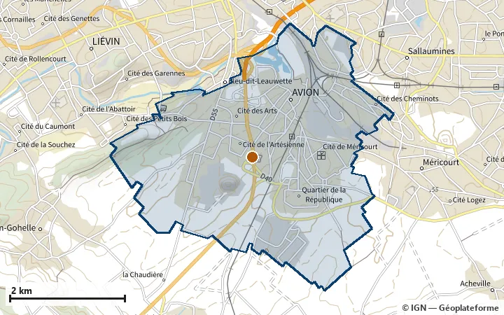 Plan d'Avion, avec les limites de la zone et son centre