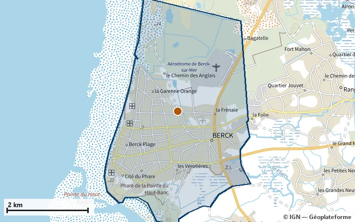 Plan de Berck, avec les limites de la zone et son centre