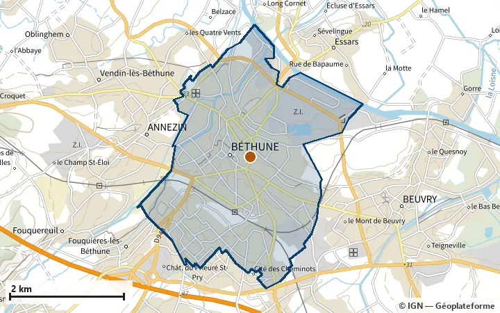 Plan de Béthune, avec les limites de la zone et son centre