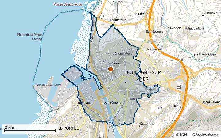 Plan de Boulogne-sur-Mer, avec les limites de la zone et son centre