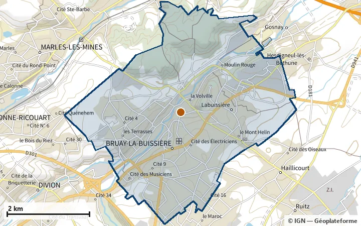 Plan de Bruay-la-Buissière, avec les limites de la zone et son centre