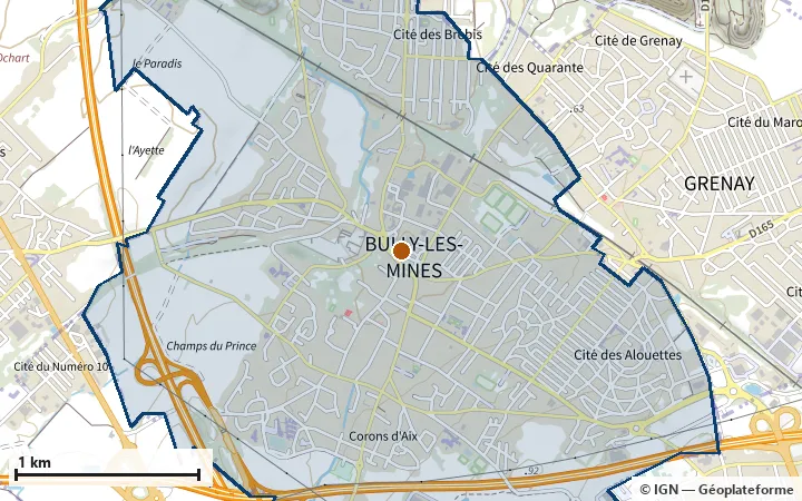 Plan de Bully-les-Mines, avec les limites de la zone et son centre