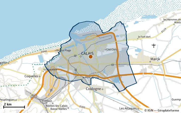 Plan de Calais, avec les limites de la zone et son centre