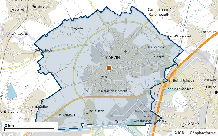 Plan de Carvin, avec les limites de la zone et son centre