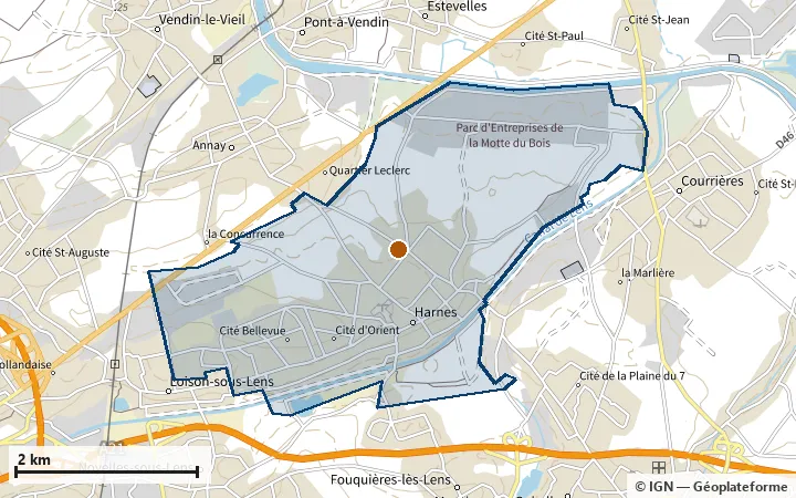 Plan d'Harnes, avec les limites de la zone et son centre