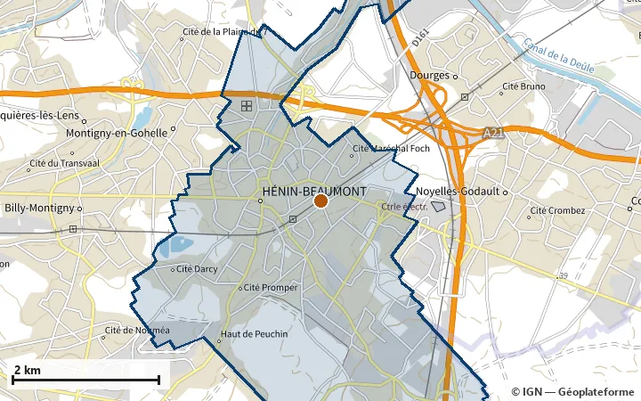 Plan d'Hénin-Beaumont, avec les limites de la zone et son centre