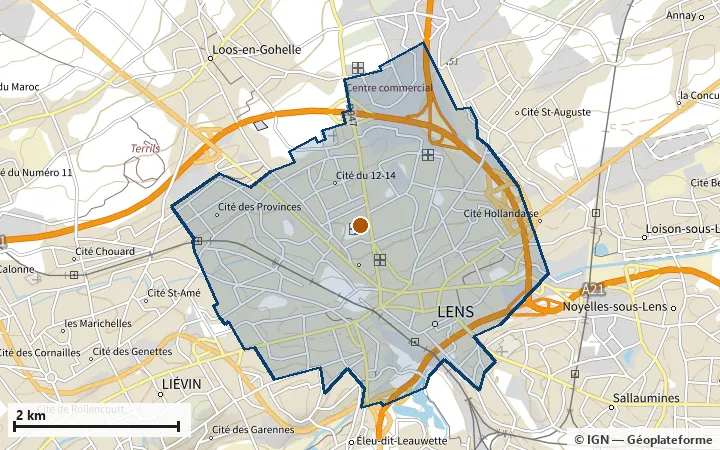 Plan de Lens, avec les limites de la zone et son centre