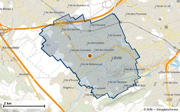 Plan de Liévin, avec les limites de la zone et son centre