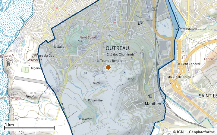 Plan d'Outreau, avec les limites de la zone et son centre