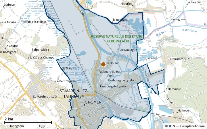 Plan de Saint-Omer, avec les limites de la zone et son centre